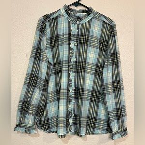 Loft Women’s Plaid Ruffle Shirt Blue Green Yellow Long Sleeve Button Down XL